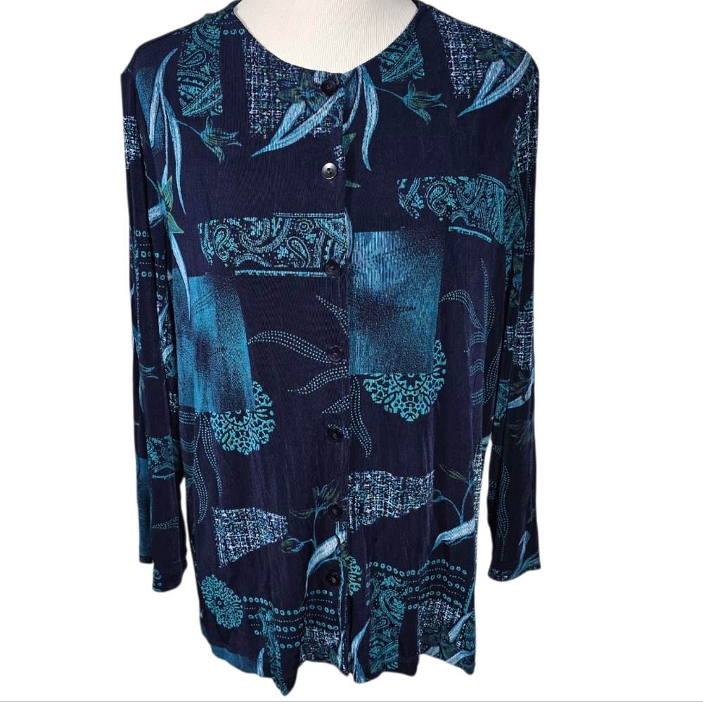 Citiknits 1X Women's Blue Floral Stretchy Button Down Blouse NWT